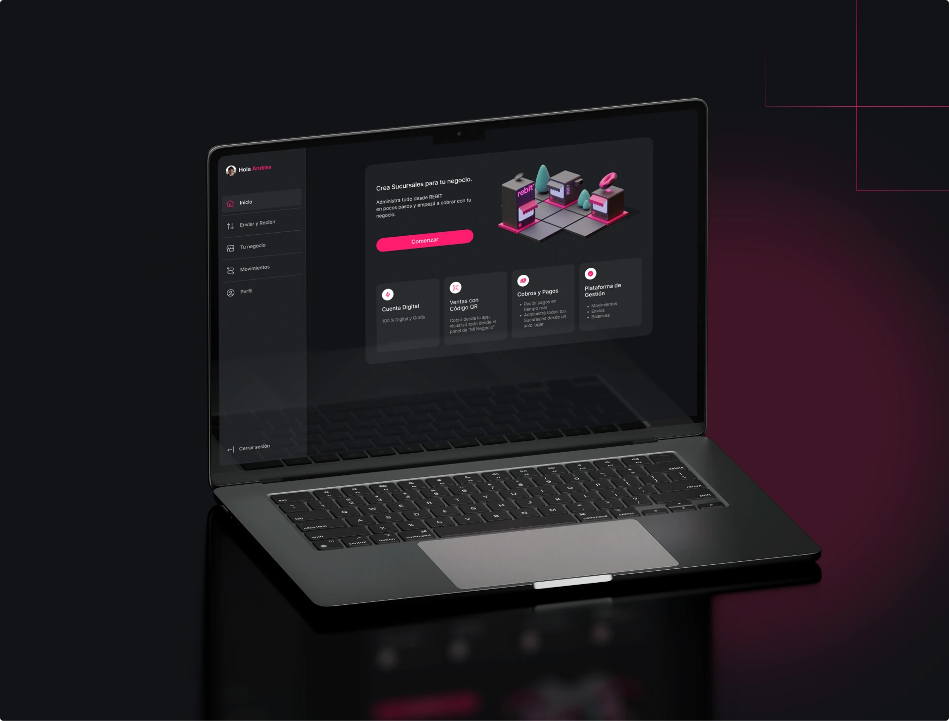 Rebit Comercios home screen on a laptop, showing the branch-creation prompt and the merchant feature set: digital account, QR sales, payments and management platform.